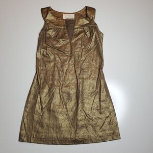 S GILDED GOLD stretch shift vneck sleeveless holiday dress SMALL RENEE C SO COOL